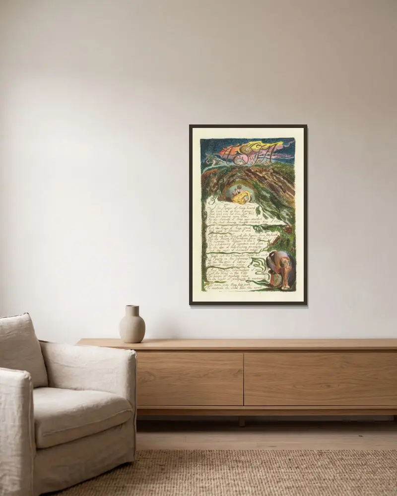 Los sång, Lambeth, plansch 6 av William Blake inramad på en vägg