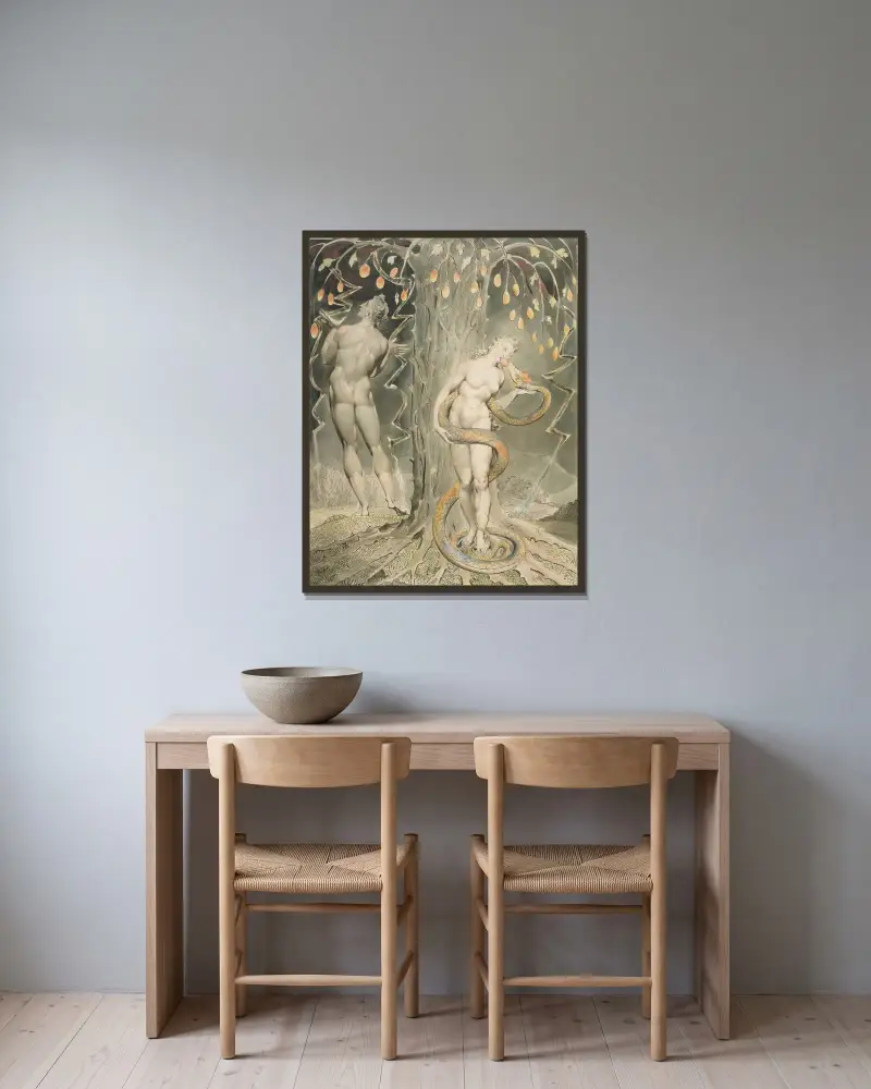 Evas frestelse och fall av William Blake inramad på en vägg
