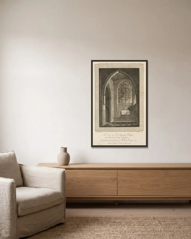 Vy över Sankt Edmunds kapell i East Derehams kyrka, med William Cowpers grav av William Blake inramad på en vägg