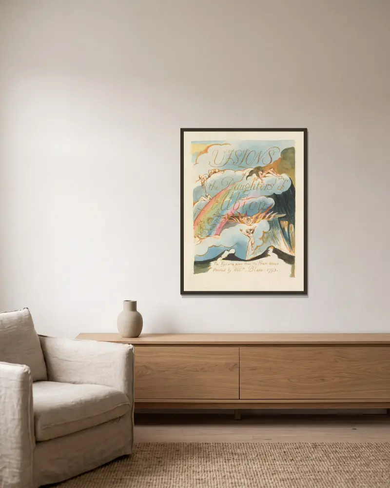 Albions döttrars visioner, plansch 1 av William Blake inramad på en vägg
