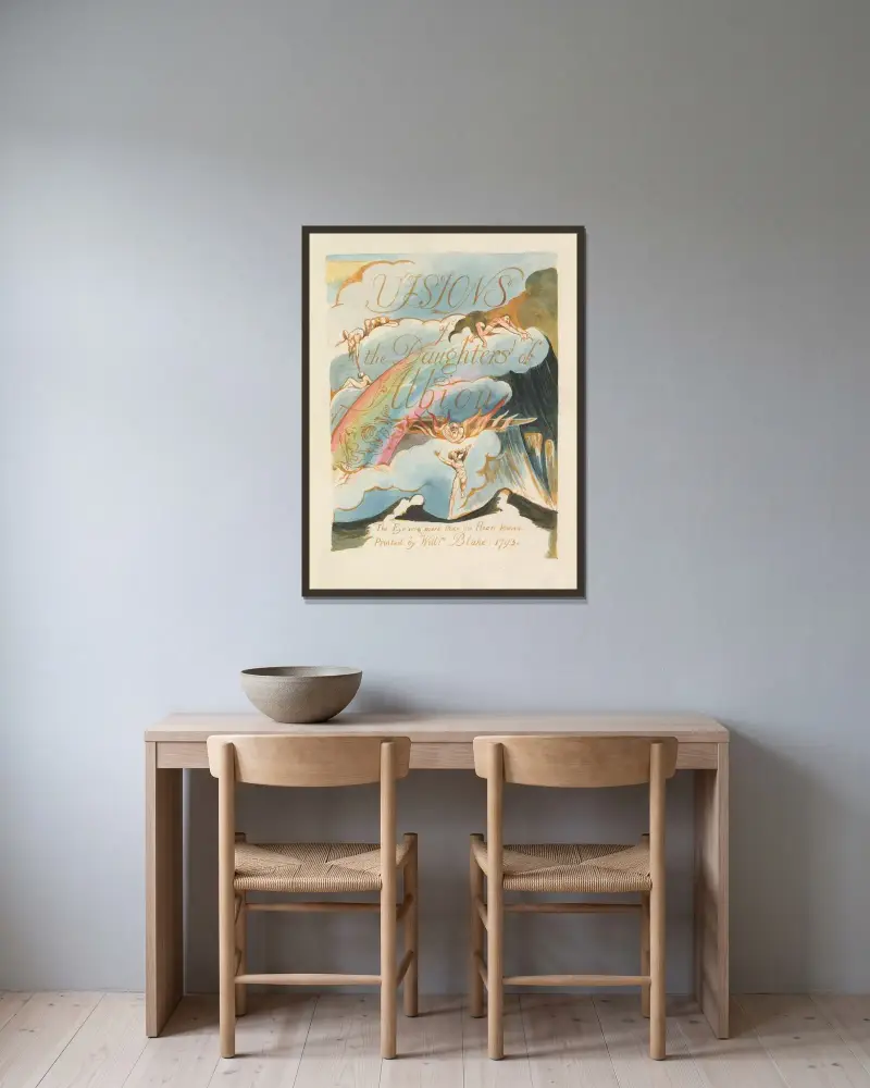 Albions döttrars visioner, plansch 1 av William Blake inramad på en vägg