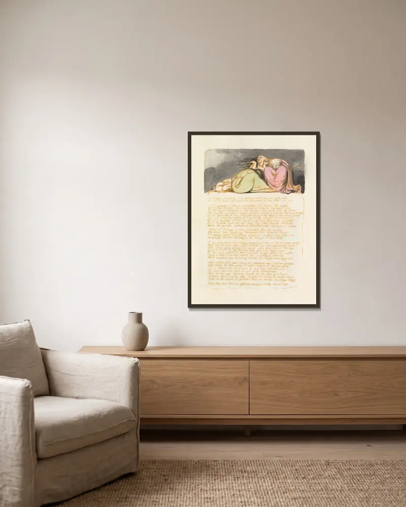 Visionen der Töchter Albions, Tafel 9 von William Blake gerahmt an einer Wand