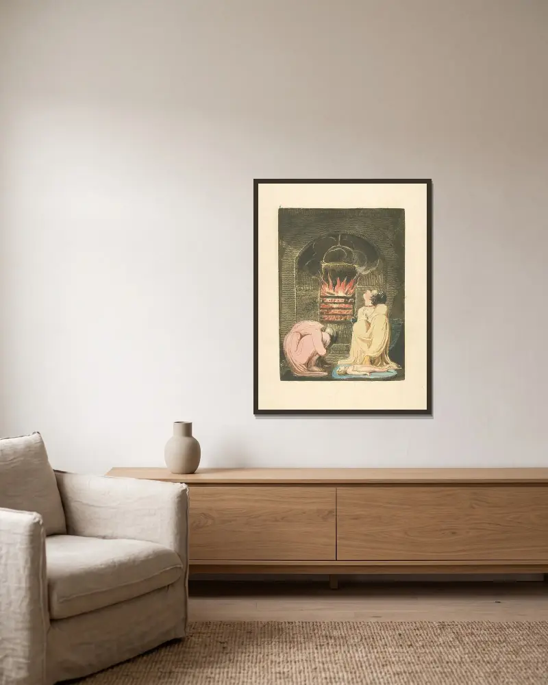 Kvinna och barn framför öppen spis av William Blake inramad på en vägg