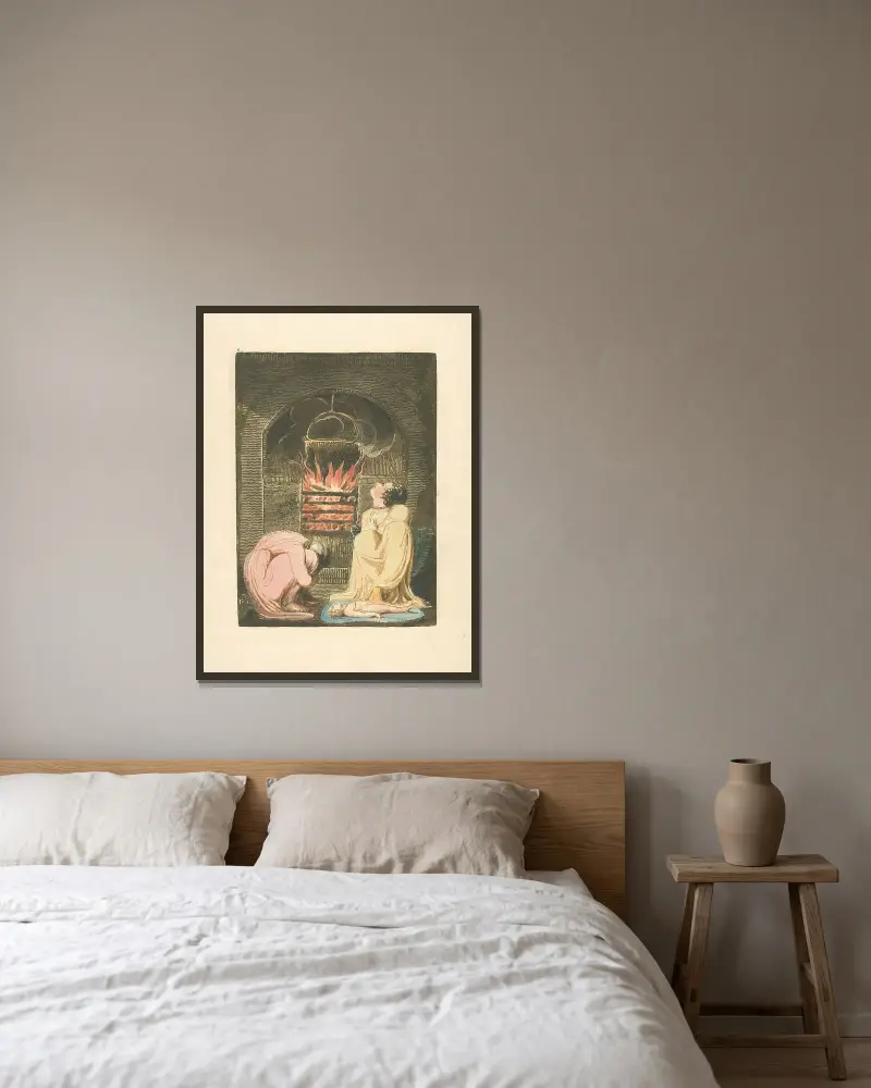 Kvinna och barn framför öppen spis av William Blake inramad på en vägg
