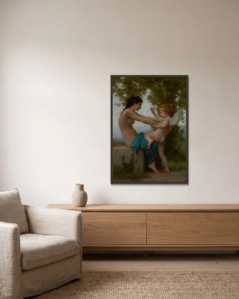 En ung flicka försvarar sig mot Eros av William Bouguereau inramad på en vägg
