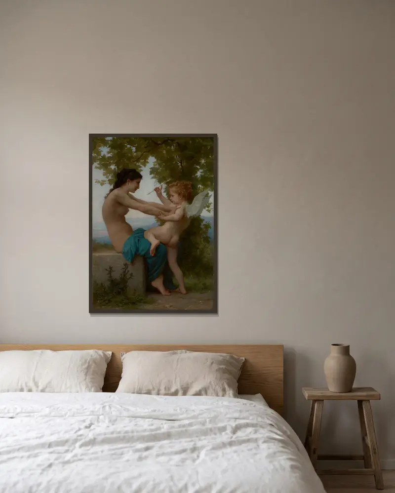 En ung flicka försvarar sig mot Eros av William Bouguereau inramad på en vägg