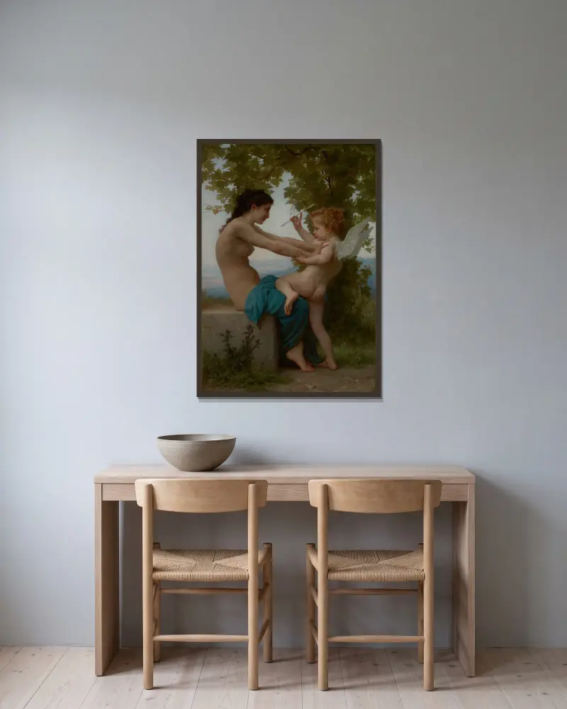 En ung flicka försvarar sig mot Eros av William Bouguereau inramad på en vägg