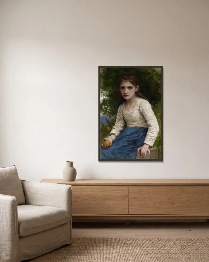 Mädchen mit Apfel von William Bouguereau gerahmt an einer Wand