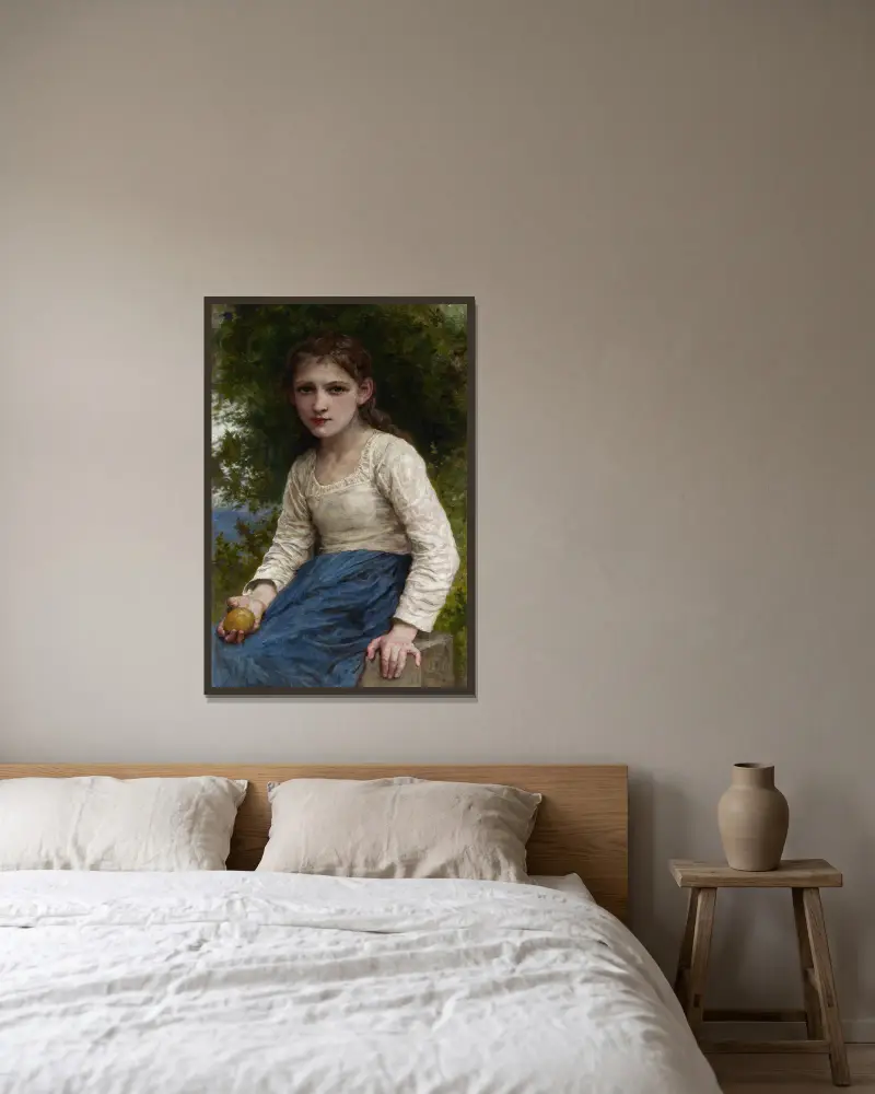 Mädchen mit Apfel von William Bouguereau gerahmt an einer Wand