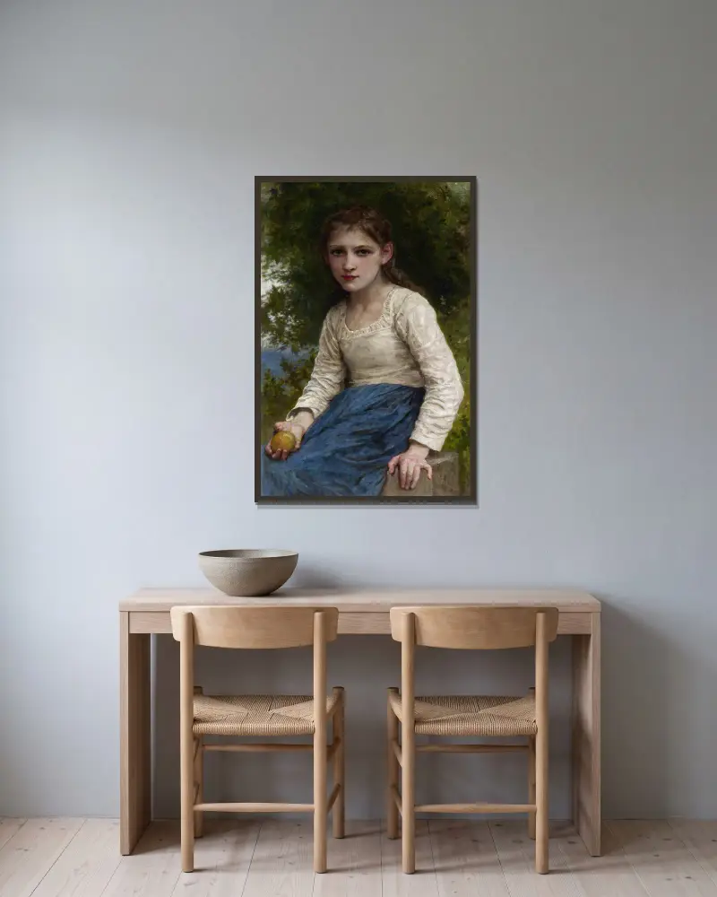 Mädchen mit Apfel von William Bouguereau gerahmt an einer Wand