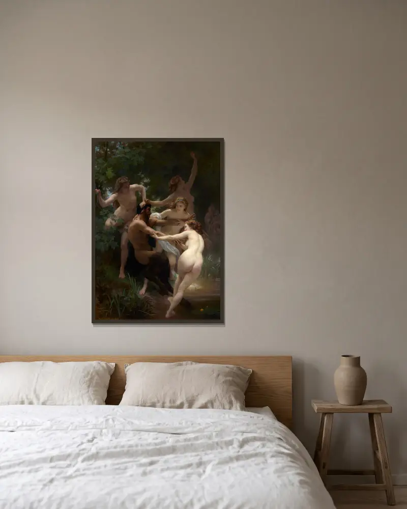 Nymphs and Satyr av William Bouguereau inramad på en vägg
