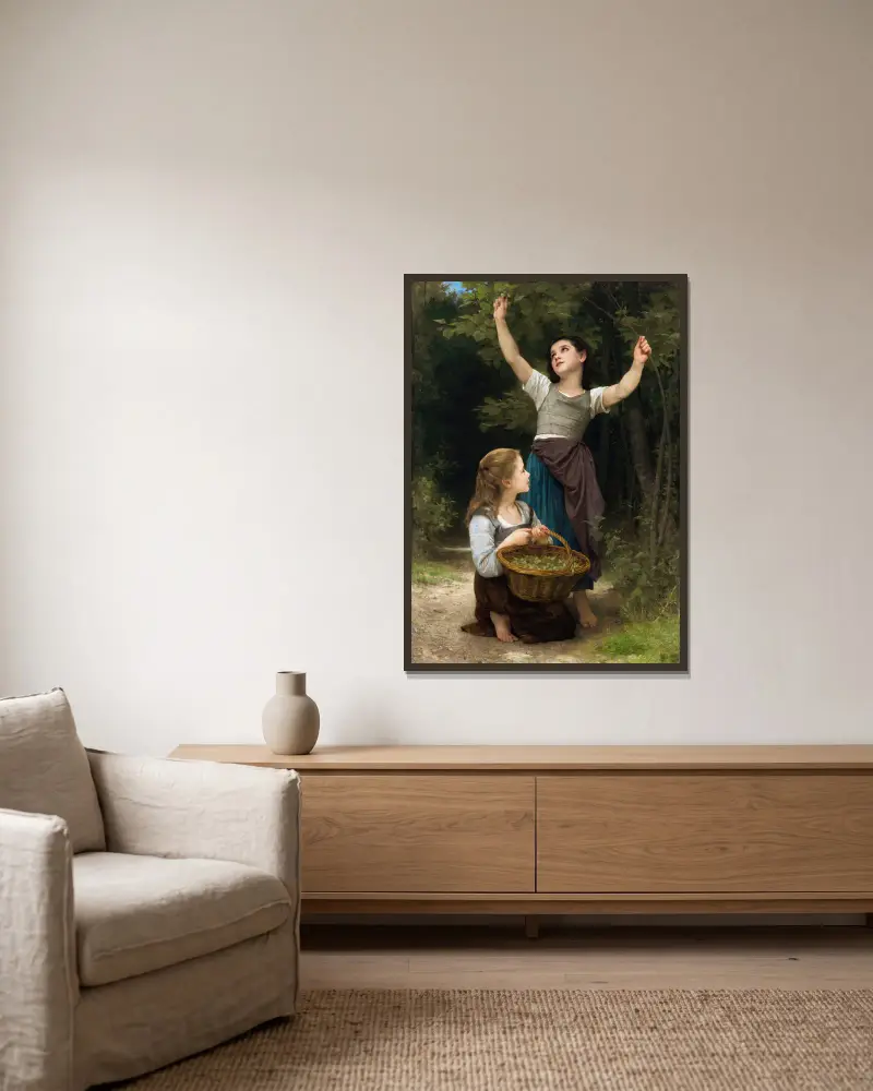 Sběr lískových oříšků, William Bouguereau v rámu na stěně