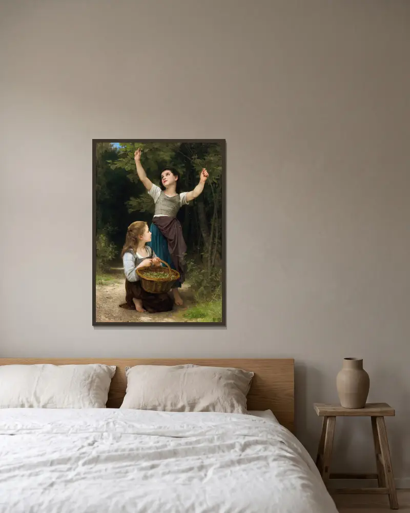 Sběr lískových oříšků, William Bouguereau v rámu na stěně