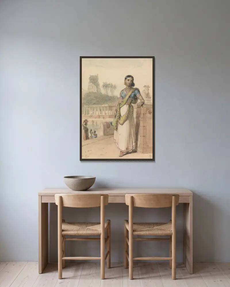 Kvinna av hög kast stående vid en mur av William Daniell inramad på en vägg
