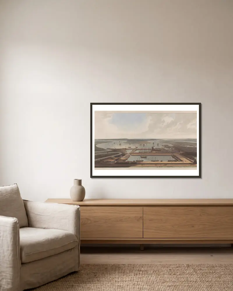 Vy över East India Docks av William Daniell inramad på en vägg