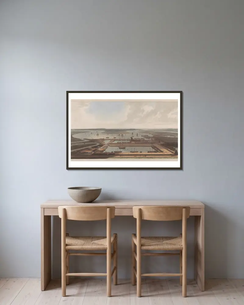 Vy över East India Docks av William Daniell inramad på en vägg