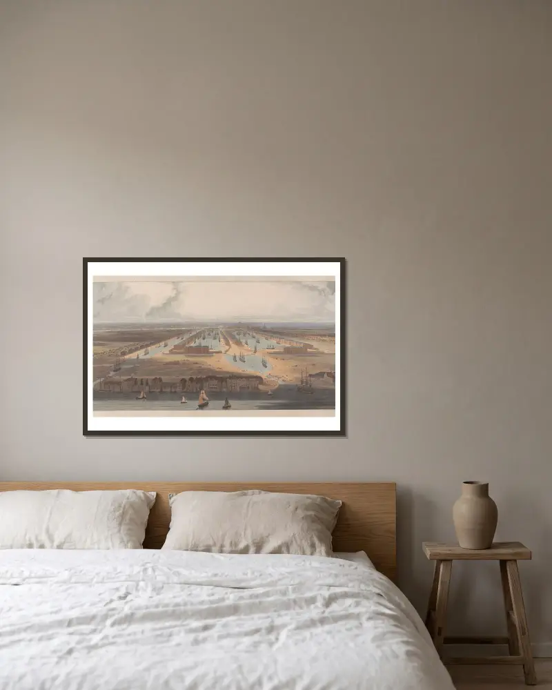 En förhöjd vy över de nya dockorna och lagerhusen som nu byggs på Isle of Dogs av William Daniell inramad på en vägg