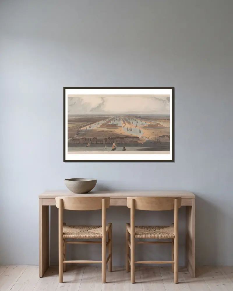 En förhöjd vy över de nya dockorna och lagerhusen som nu byggs på Isle of Dogs av William Daniell inramad på en vägg
