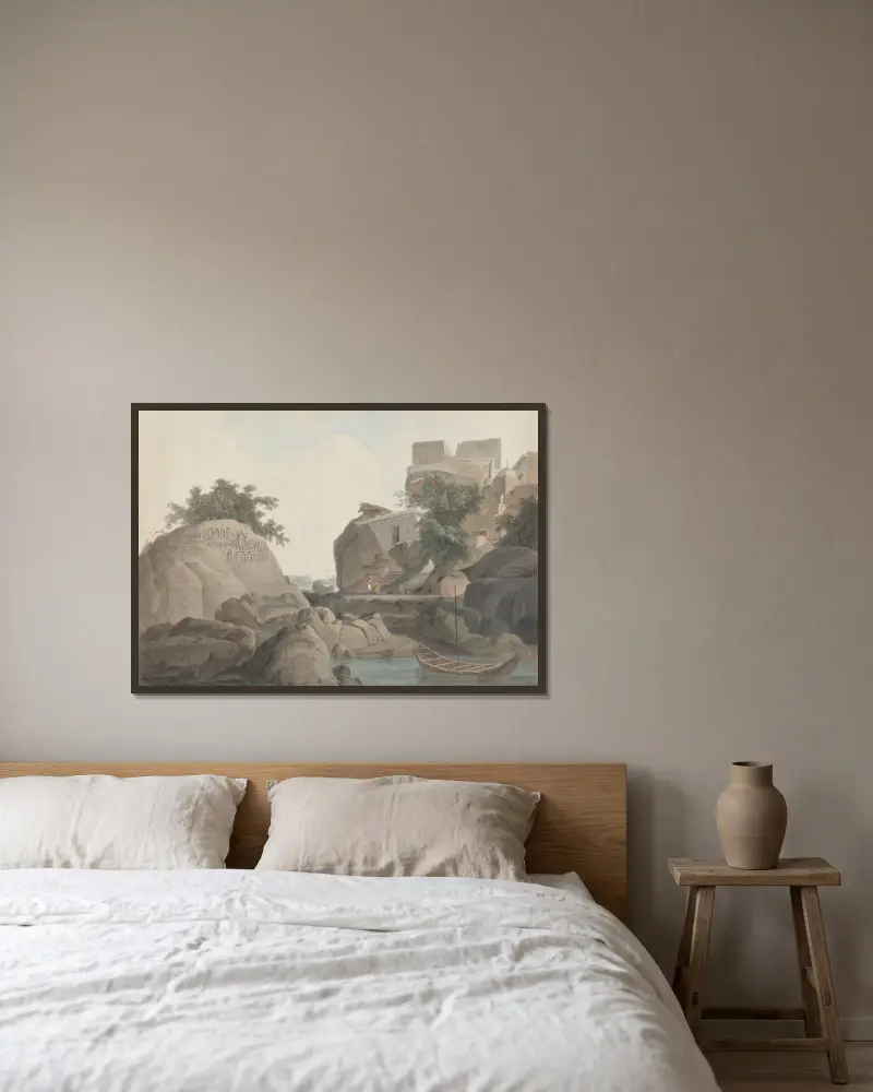 Fakirens klippa vid Sultanganj, vid Ganges av William Daniell inramad på en vägg