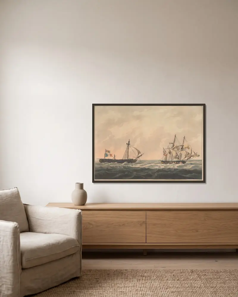 H.M.S. Sloop 'Bonne Citoyenne' beim Entern der französischen Fregatte… von William Daniell gerahmt an einer Wand
