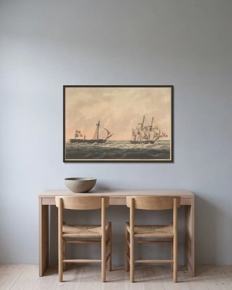 H.M.S. Sloop 'Bonne Citoyenne' beim Entern der französischen Fregatte… von William Daniell gerahmt an einer Wand