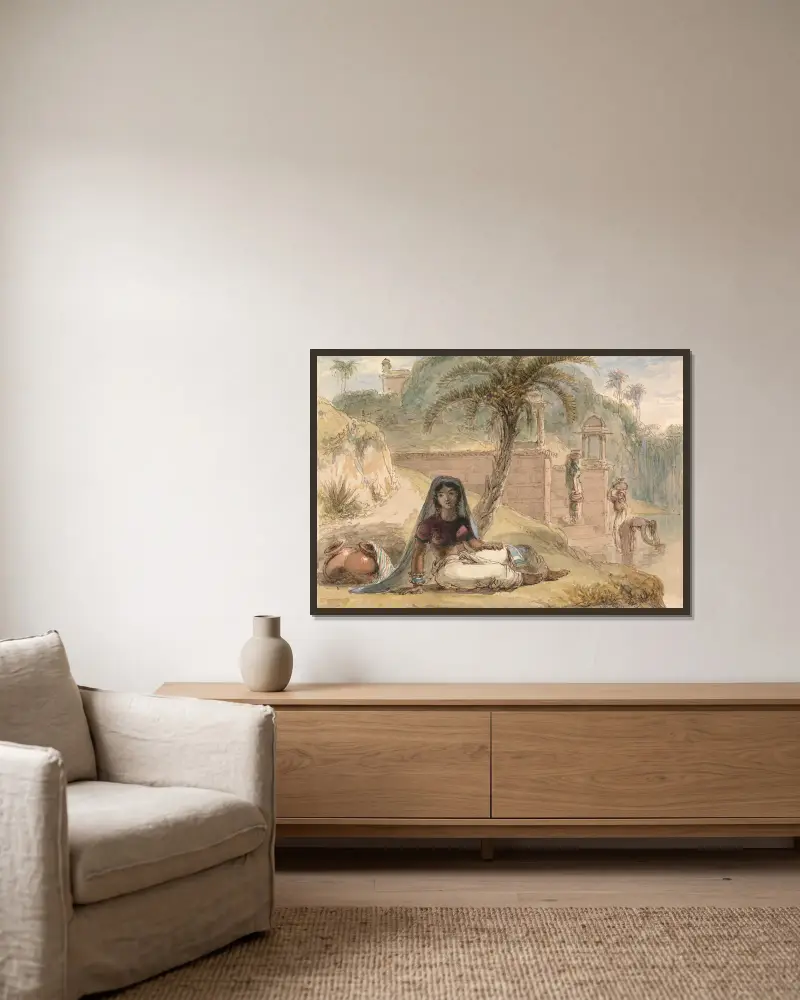 Indisk flicka sittande vid en flod av William Daniell inramad på en vägg