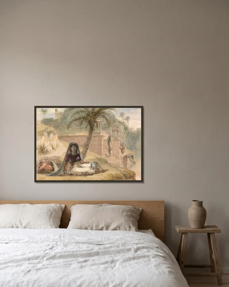 Indisk flicka sittande vid en flod av William Daniell inramad på en vägg
