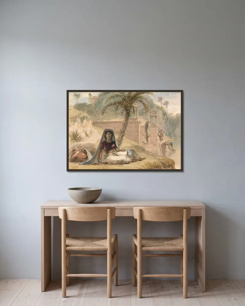 Indisk flicka sittande vid en flod av William Daniell inramad på en vägg