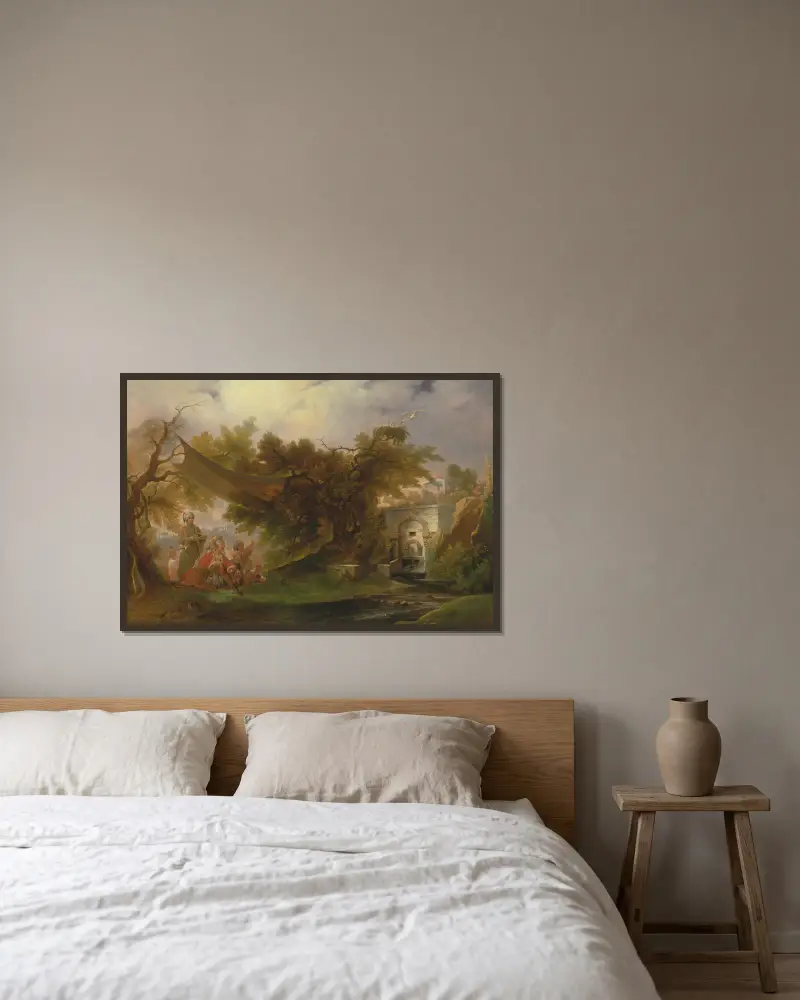 Indiskt landskap med figurer vid en bäck av William Daniell inramad på en vägg