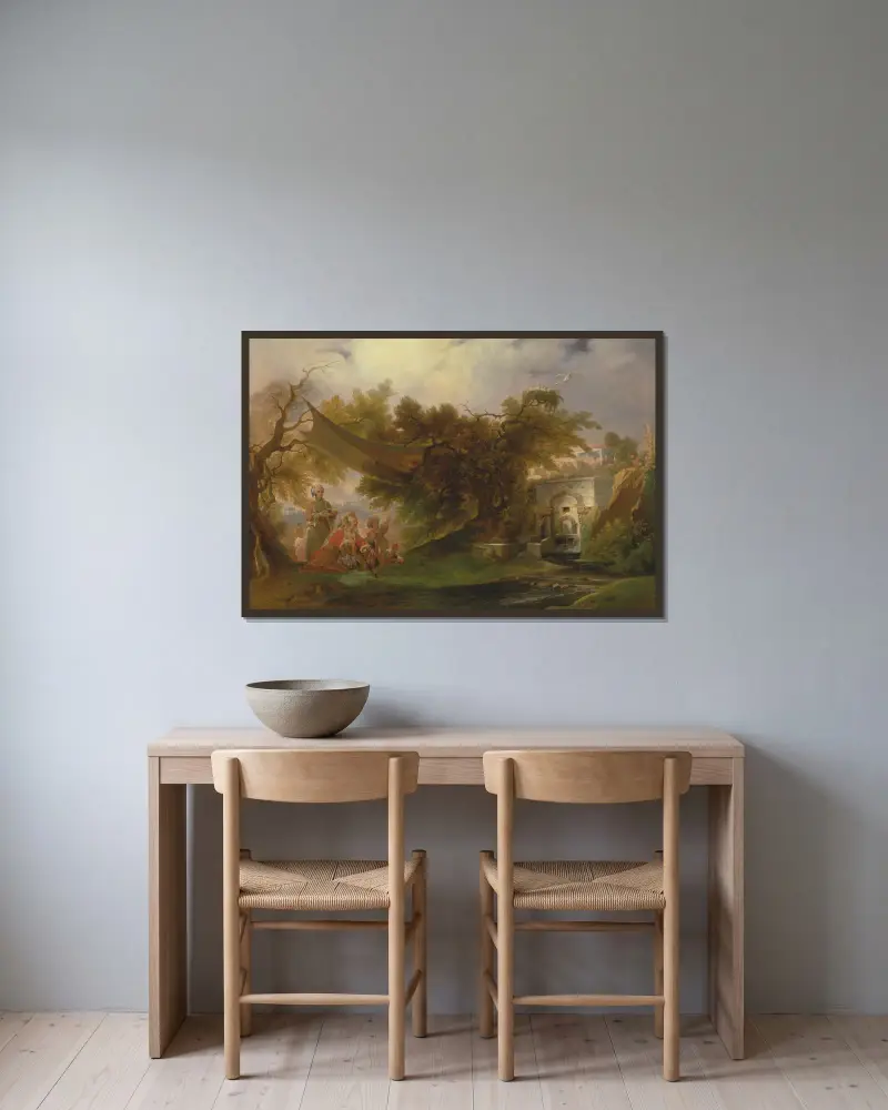 Indiskt landskap med figurer vid en bäck av William Daniell inramad på en vägg