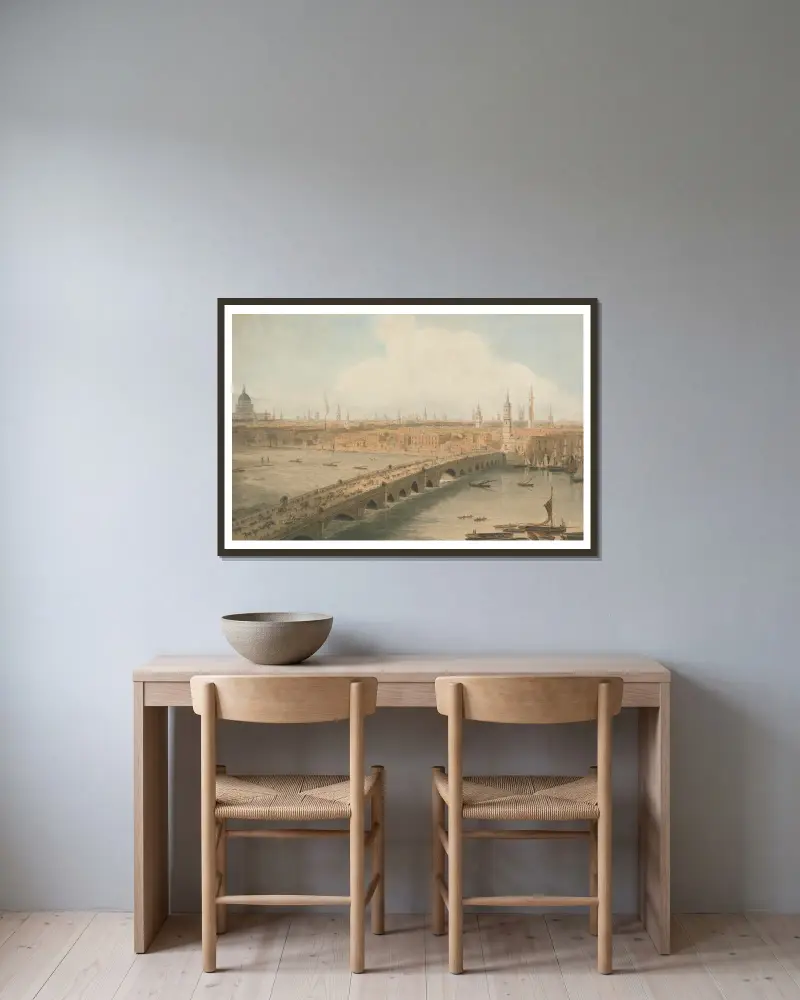Vy över London Bridge och Sankt Paulskatedralen av William Daniell inramad på en vägg