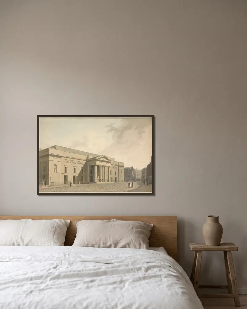 Vy över östra fasaden av New Theatre Royal Covent Garden av William Daniell inramad på en vägg