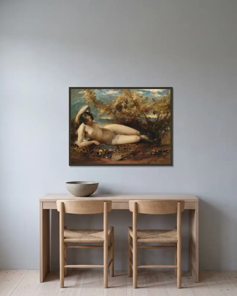 Eine junge Frau auf einem Fell liegend von William Etty gerahmt an einer Wand