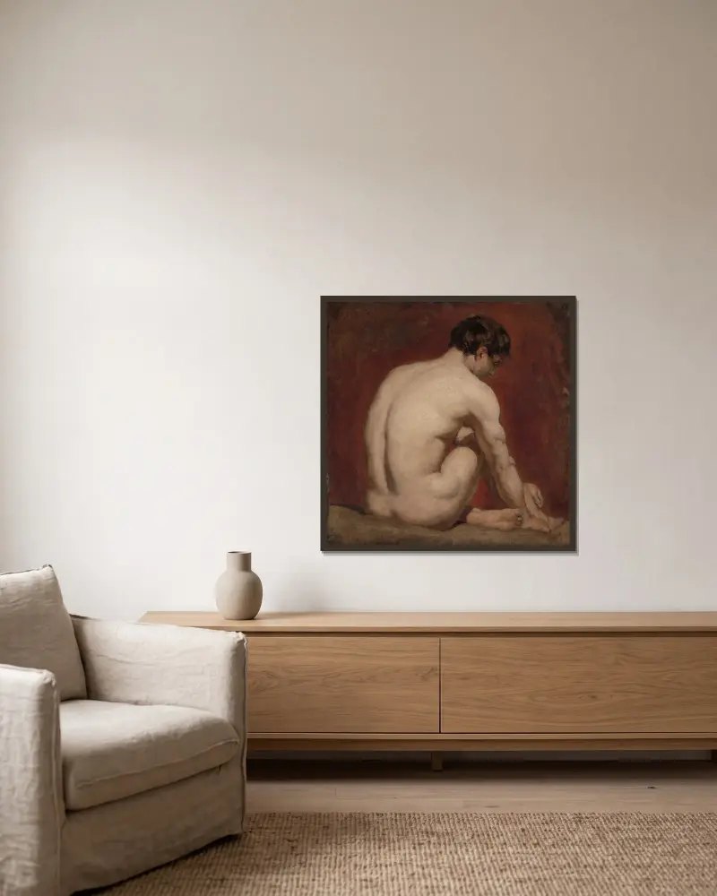 Manlig nakenfigur, knäböjande, bakifrån av William Etty inramad på en vägg