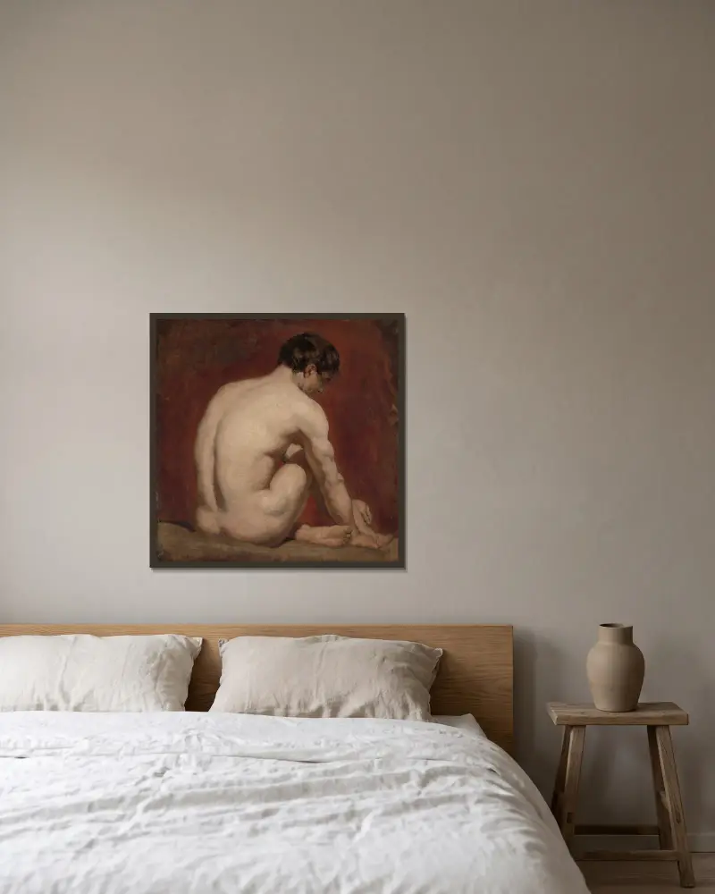 Manlig nakenfigur, knäböjande, bakifrån av William Etty inramad på en vägg