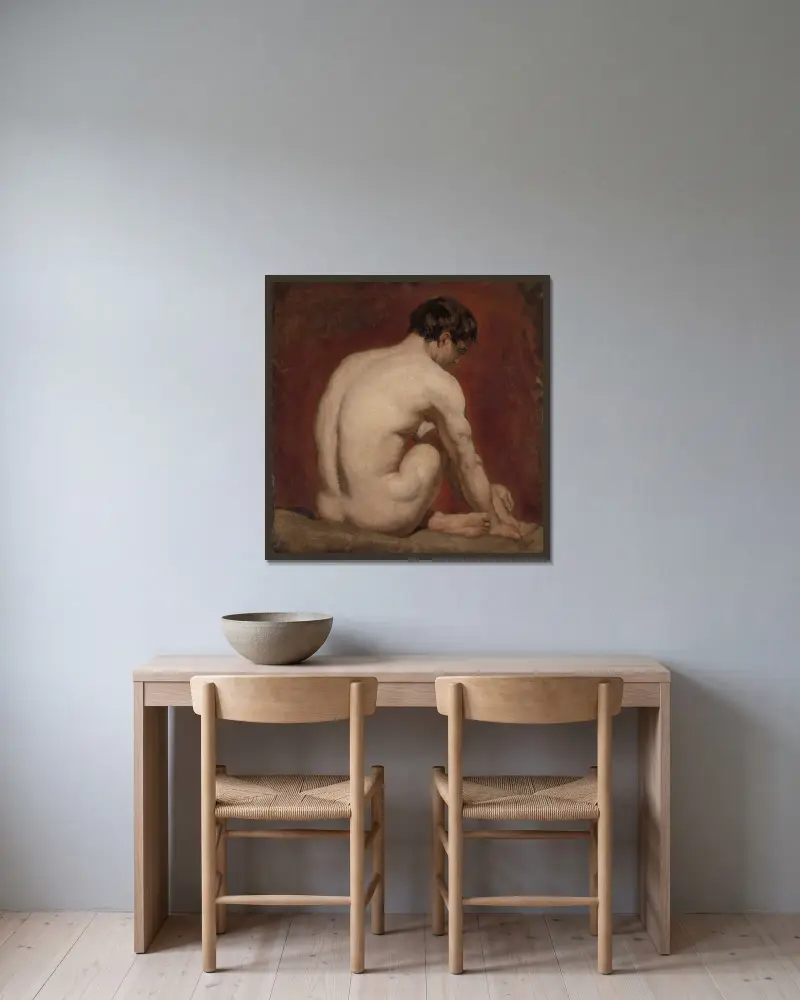 Manlig nakenfigur, knäböjande, bakifrån av William Etty inramad på en vägg