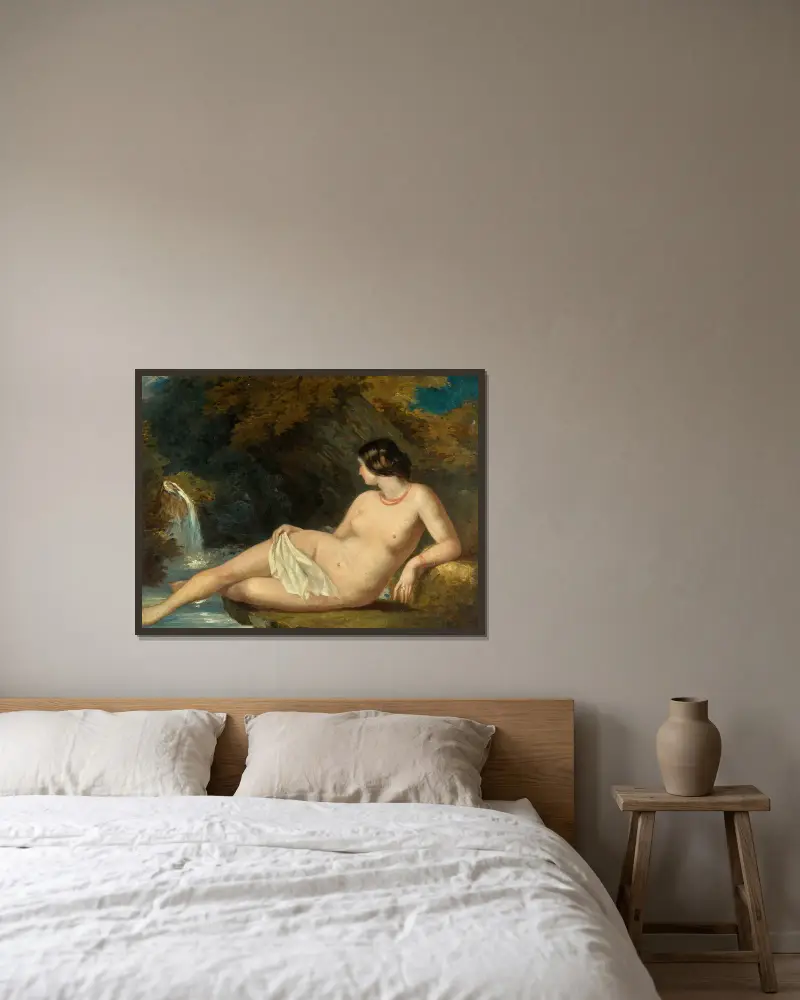 Reclining Female Nude By A Waterfall av William Etty inramad på en vägg