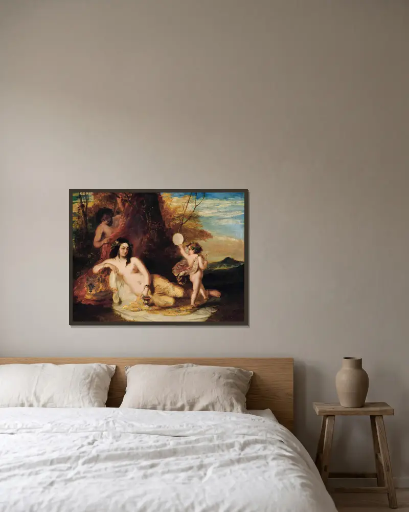 Satyr som spionerar på en vilande nymf av William Etty inramad på en vägg