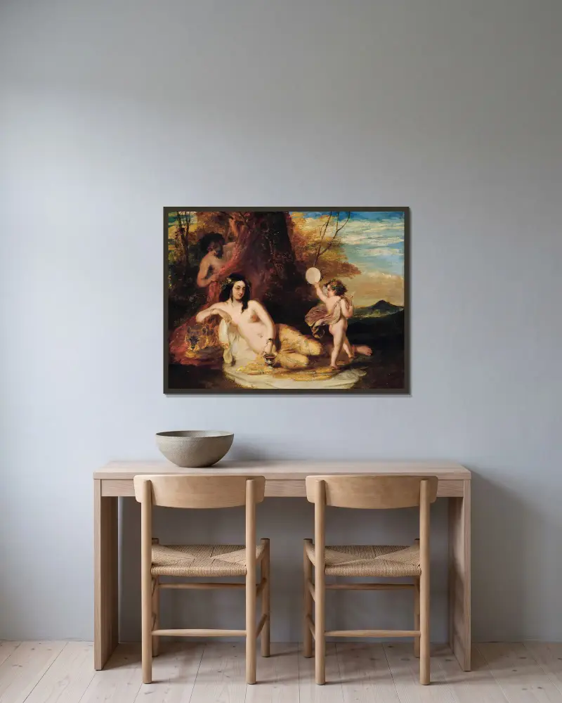 Satyr som spionerar på en vilande nymf av William Etty inramad på en vägg