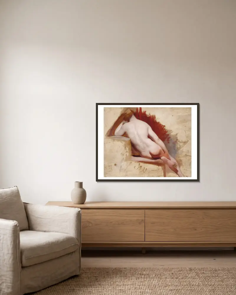 Seated female nude study av William Etty inramad på en vägg