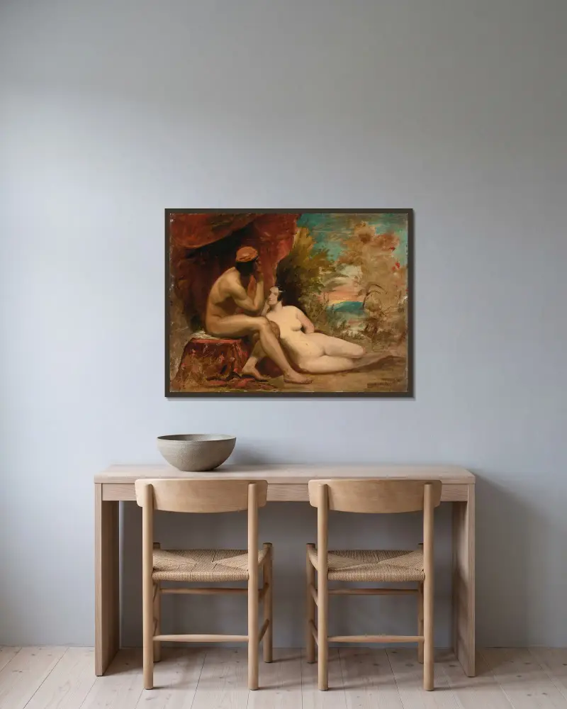Studie für eine Waldfamilie von William Etty gerahmt an einer Wand