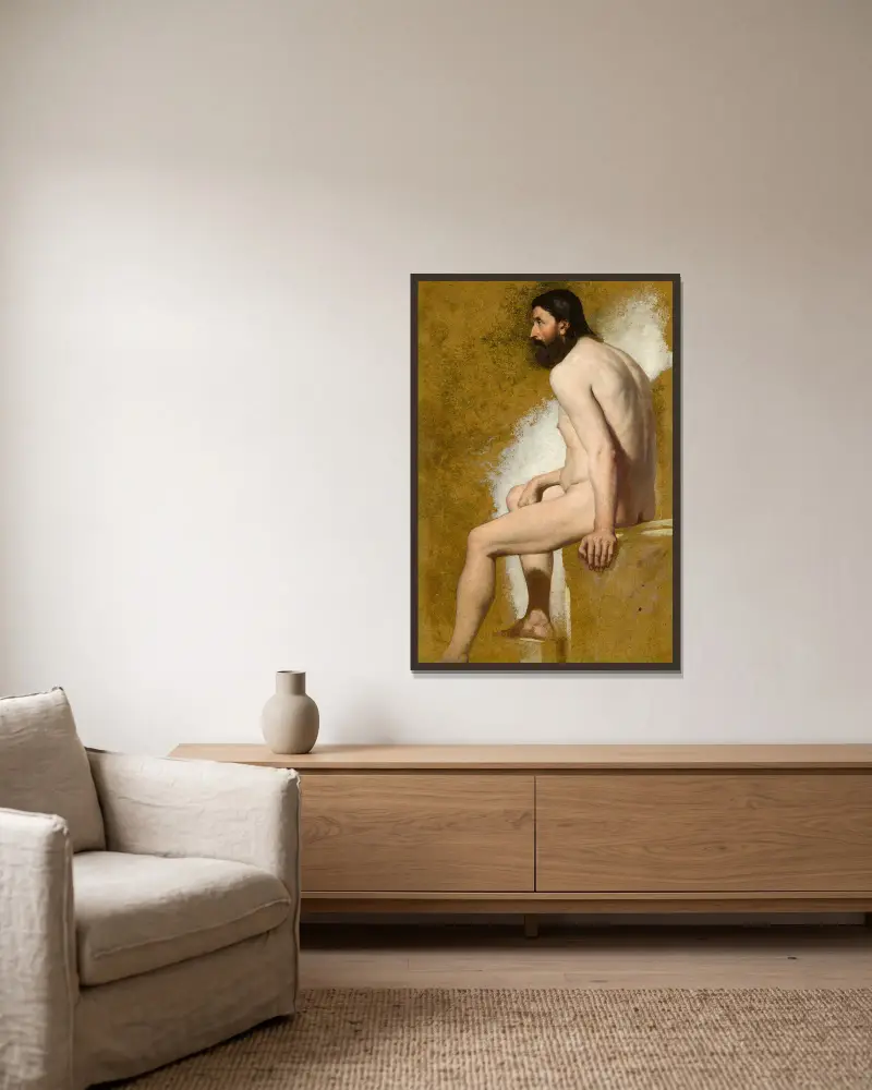 Studie av skäggig manlig nakenfigur av William Etty inramad på en vägg