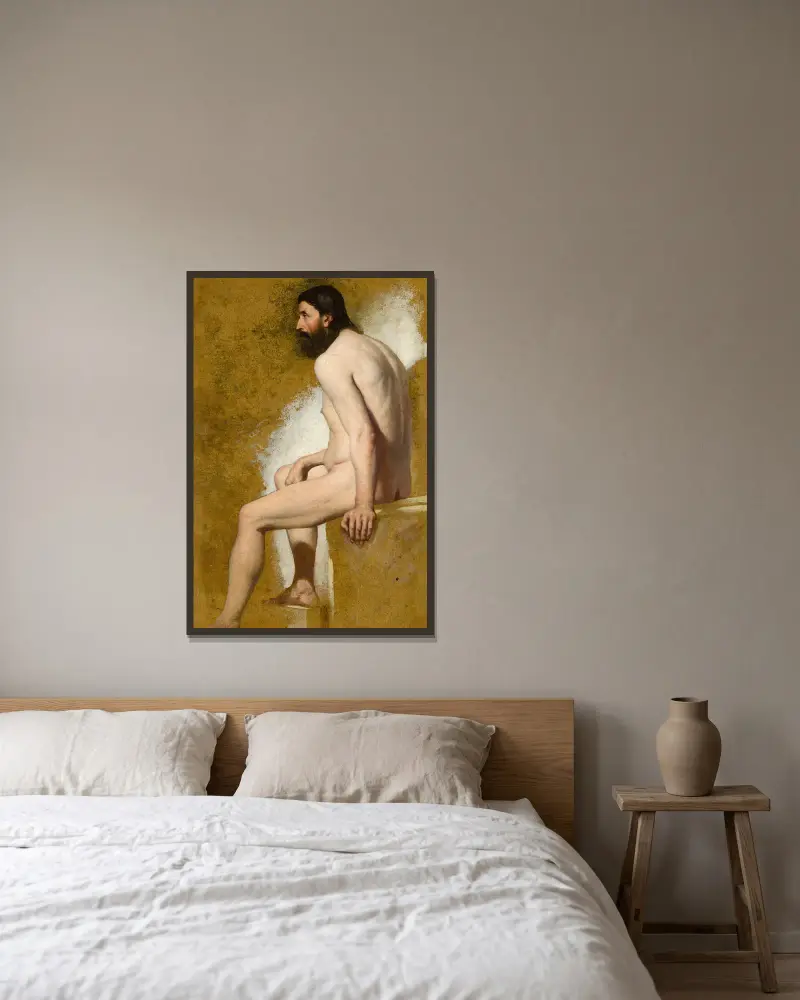 Studie av skäggig manlig nakenfigur av William Etty inramad på en vägg