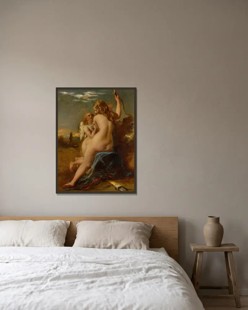 Venus som befriar Amor från hans båge av William Etty inramad på en vägg