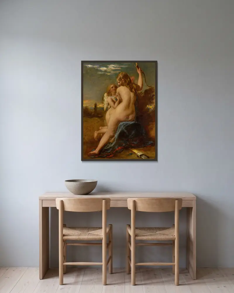 Venus som befriar Amor från hans båge av William Etty inramad på en vägg