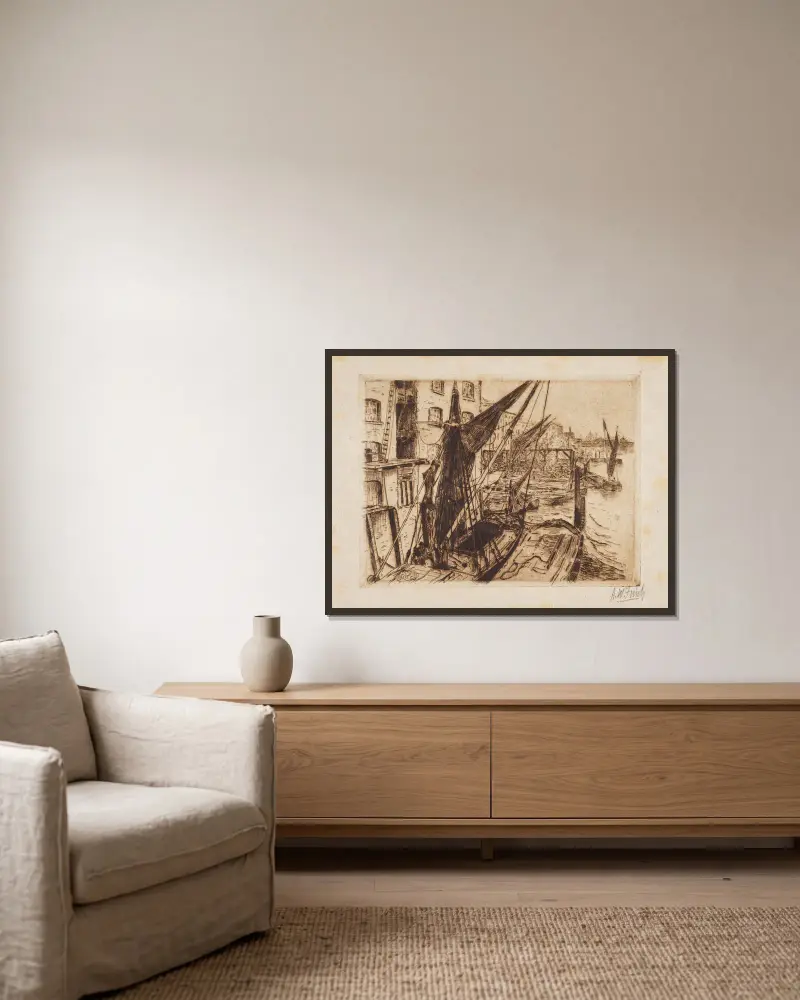 Die Themse bei London von Alfred William Finch gerahmt an einer Wand