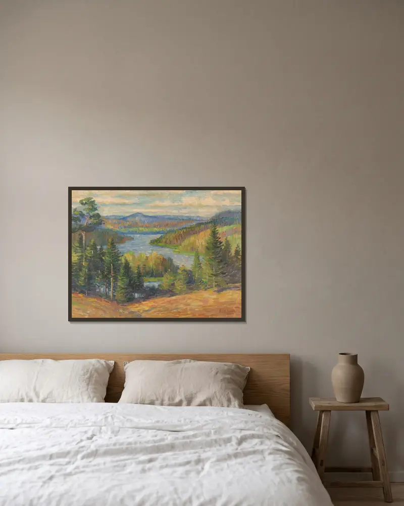 Landschap in Finland av Alfred William Finch inramad på en vägg