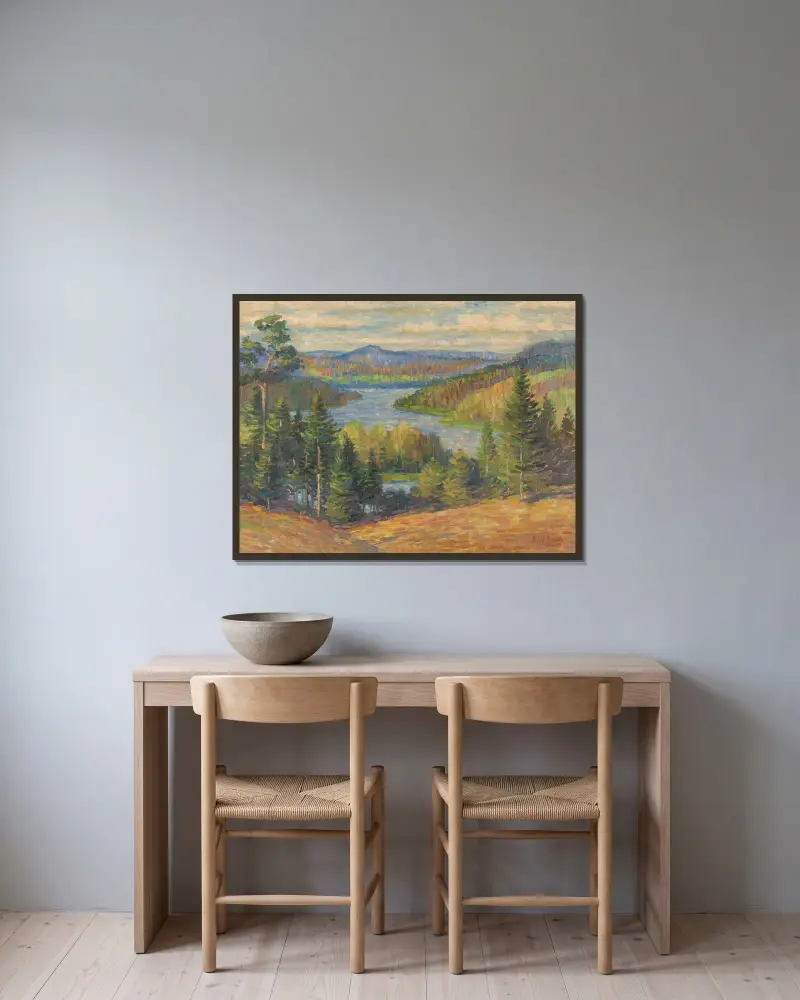 Landschap in Finland av Alfred William Finch inramad på en vägg