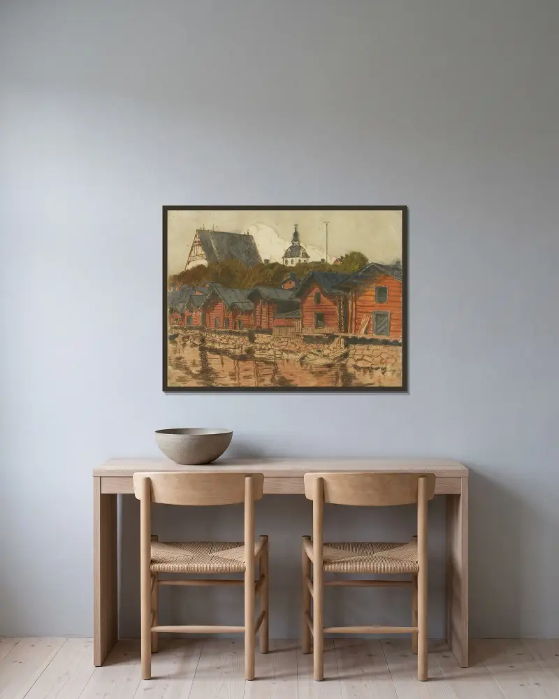 Strandbodar i Borgå av Alfred William Finch inramad på en vägg