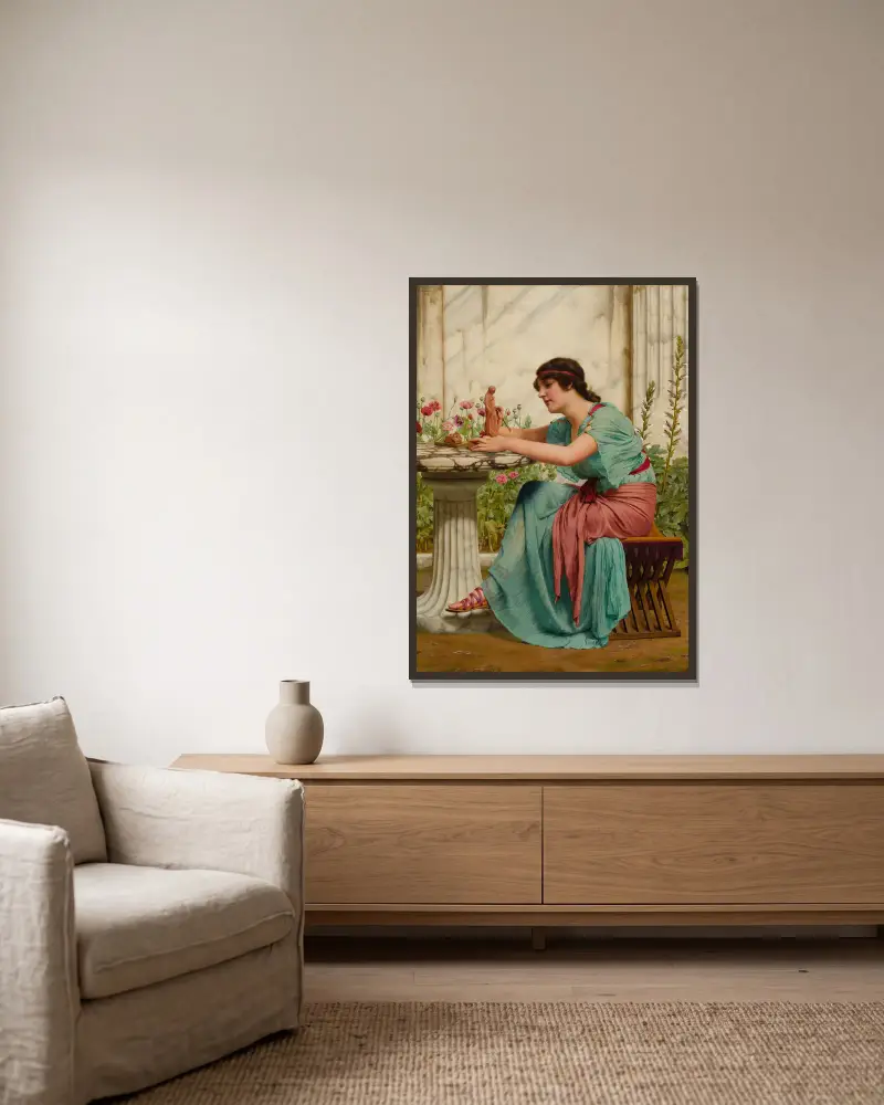 Ein Dilettant von John William Godward gerahmt an einer Wand